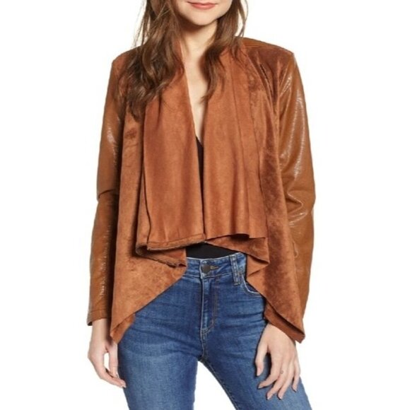 BLANKNYC Brown Mixed Media Faux Leather‎ Drape Front Moto Jacket Size M - Picture 1 of 10